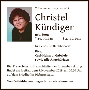 Todesanzeige von Christel Kündiger von Offenbach