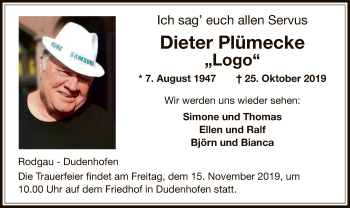 Todesanzeige von Dieter Plümecke von Offenbach