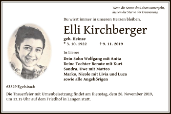 Todesanzeige von Elli Kirchberger von Offenbach