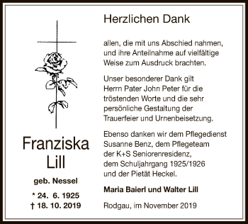 Todesanzeige von Franziska Lill von Offenbach