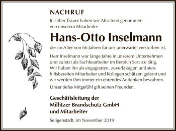 Todesanzeige von Hans-Otto Inselmann von Offenbach
