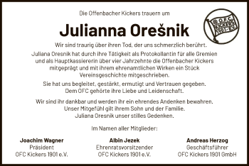 Todesanzeige von Julianna Oresnik von Offenbach