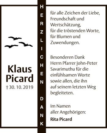 Todesanzeige von Klaus Picard von Offenbach