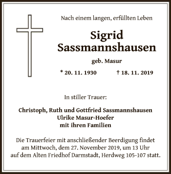 Todesanzeige von Sigrid Sassmannshausen von Offenbach
