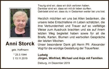 Todesanzeige von Anni Storck von Offenbach
