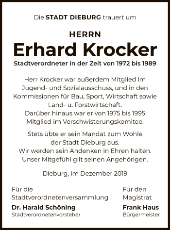 Todesanzeige von Erhard Krocker von Offenbach