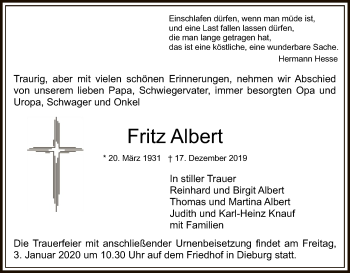 Todesanzeige von Fritz Albert von Offenbach