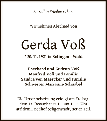 Todesanzeige von Gerda Voß von Offenbach