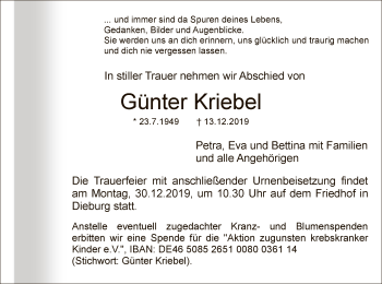 Todesanzeige von Günter Kriebel von Offenbach