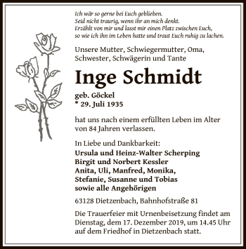 Todesanzeige von Inge Schmidt von Offenbach