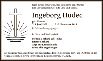 Todesanzeige von Ingeborg Hudec von Offenbach