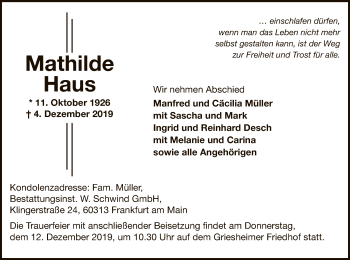 Todesanzeige von Mathilde Haus von Offenbach