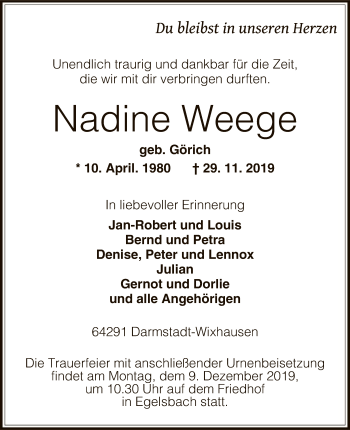 Todesanzeige von Nadine Weege von Offenbach