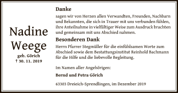 Todesanzeige von Nadine Weege von Offenbach