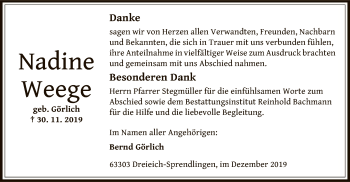 Todesanzeige von Nadine Weege von Offenbach