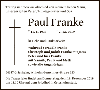 Todesanzeige von Paul Franke von Offenbach