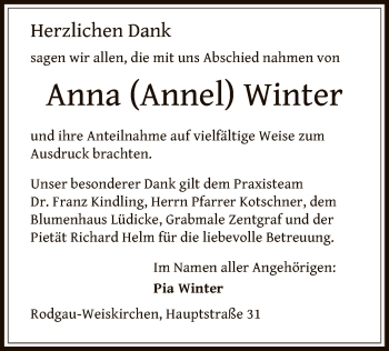 Todesanzeige von Anna Winter von Offenbach