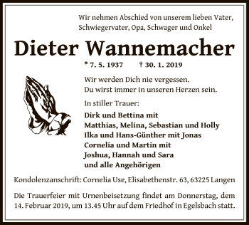 Todesanzeige von Dieter Wannemacher von Offenbach
