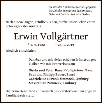 Todesanzeige von Erwin Vollgärtner von Offenbach