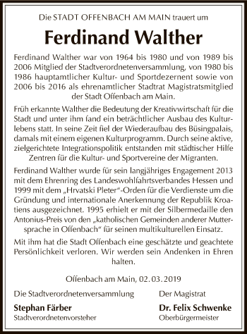 Todesanzeige von Ferdinand Walther von Offenbach