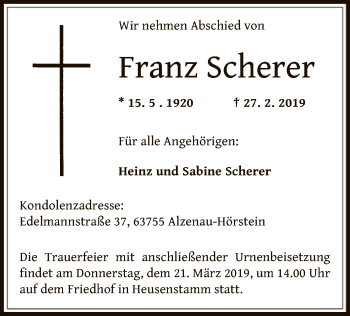 Todesanzeige von Franz Scherer von Offenbach