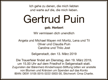 Todesanzeige von Gertrud Puin von Offenbach