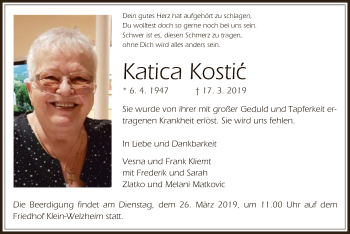 Todesanzeige von Katica Kostic von Offenbach