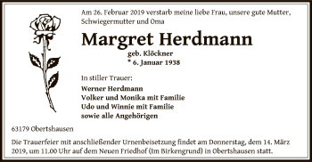 Todesanzeige von Margret Herdmann von Offenbach