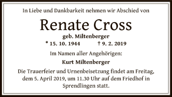 Todesanzeige von Renate Luise Cross von Offenbach