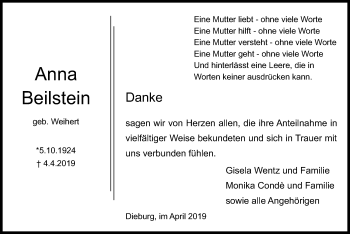 Todesanzeige von Anna Beilstein von Offenbach