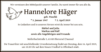 Todesanzeige von Hannelore Häger von Offenbach