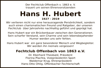 Todesanzeige von Hans H. Hubert von Offenbach
