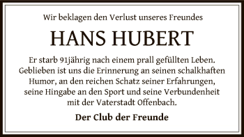 Todesanzeige von Hubert Hans von Offenbach