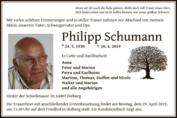 Todesanzeige von Philipp Schumann von Offenbach