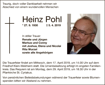 Todesanzeige von Pohl Heinz von Offenbach