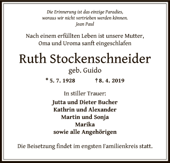 Todesanzeige von Ruth Stockenschneider von Offenbach