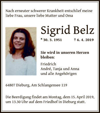 Todesanzeige von Sigrid Belz von Offenbach