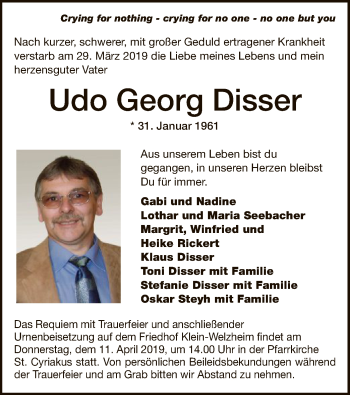 Todesanzeige von Udo Georg Disser von Offenbach