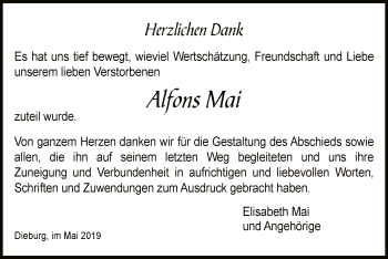 Todesanzeige von Alfons Mai von Offenbach