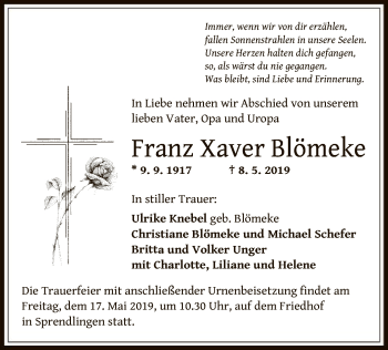 Todesanzeige von Franz Xaver Blömeke von Offenbach