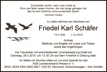 Todesanzeige von Friedel Karl Schäfer von Offenbach