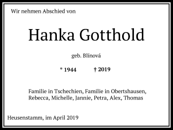 Todesanzeige von Hanka Gotthold von Offenbach