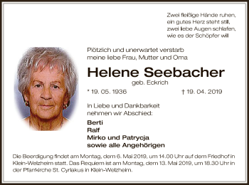 Todesanzeige von Helene Seebacher von Offenbach