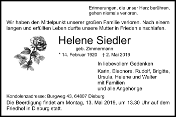 Todesanzeige von Helene Siedler von Offenbach