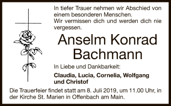 Todesanzeige von Anselm Konrad Bachmann von Offenbach