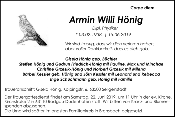 Todesanzeige von Armin Willi Hönig von Offenbach