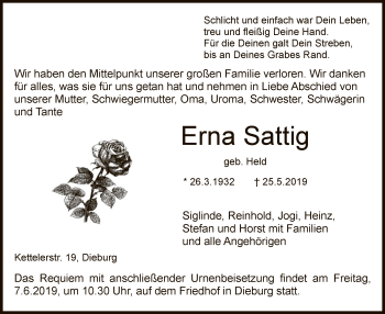 Todesanzeige von Erna Sattig von Offenbach