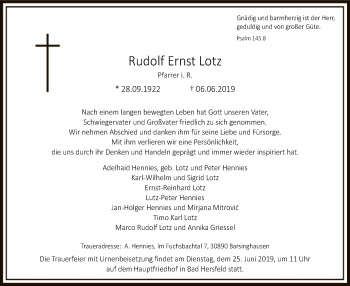 Todesanzeige von Ernst Rudolf von Offenbach