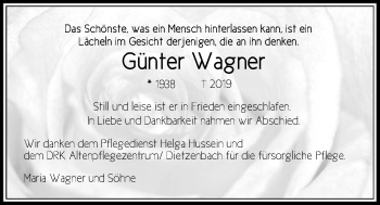 Todesanzeige von Günter Wagner von Offenbach