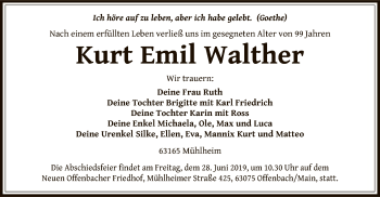 Todesanzeige von Kurt Emil Walther von Offenbach